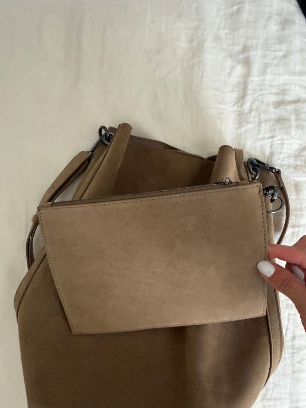 Suede-like Bucket Shoulder Bag in Taupe - Picture 2 of 4